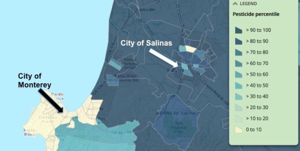 slide from enviroscreen map showing Monterrey and Salinas as well as their scores