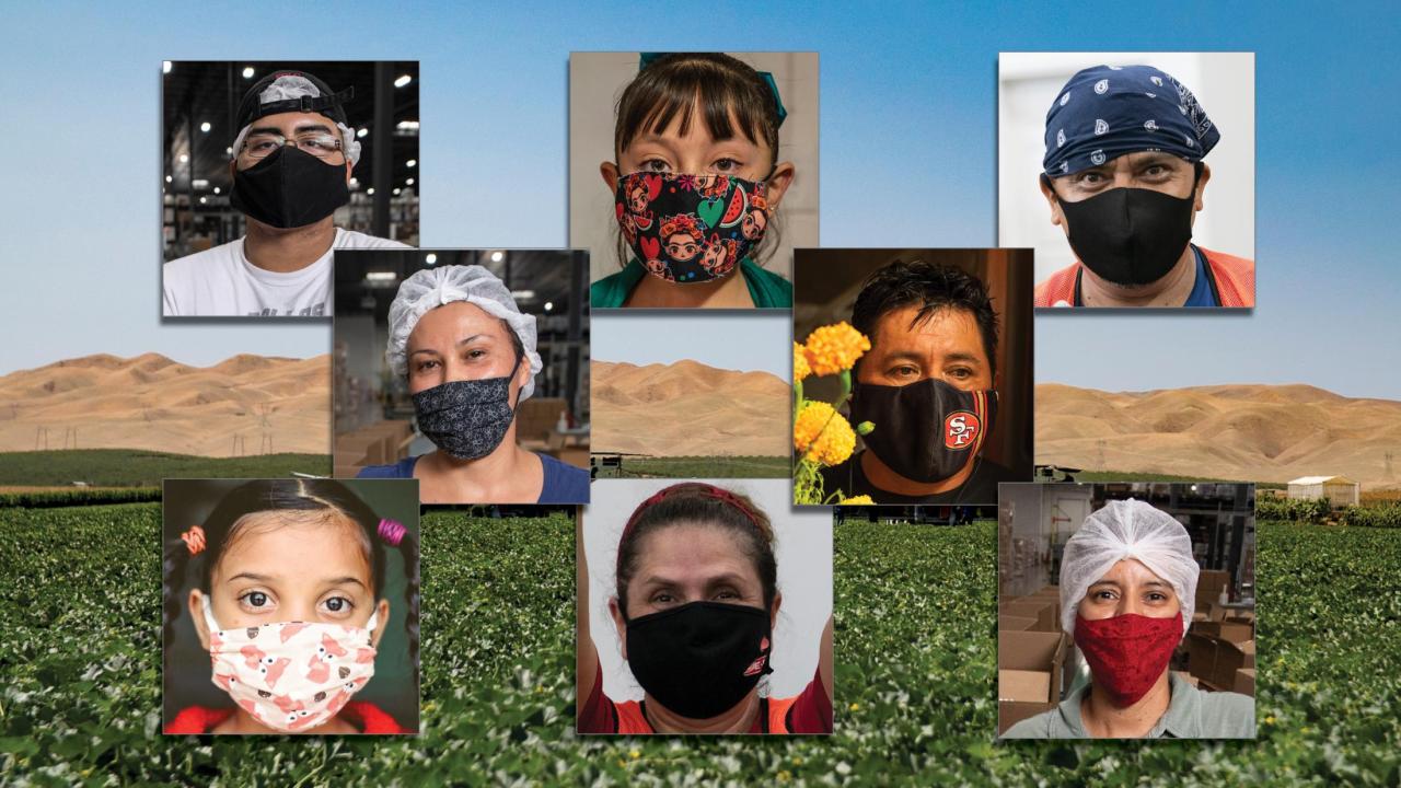 Farmworkers wearing cloth face coverings
