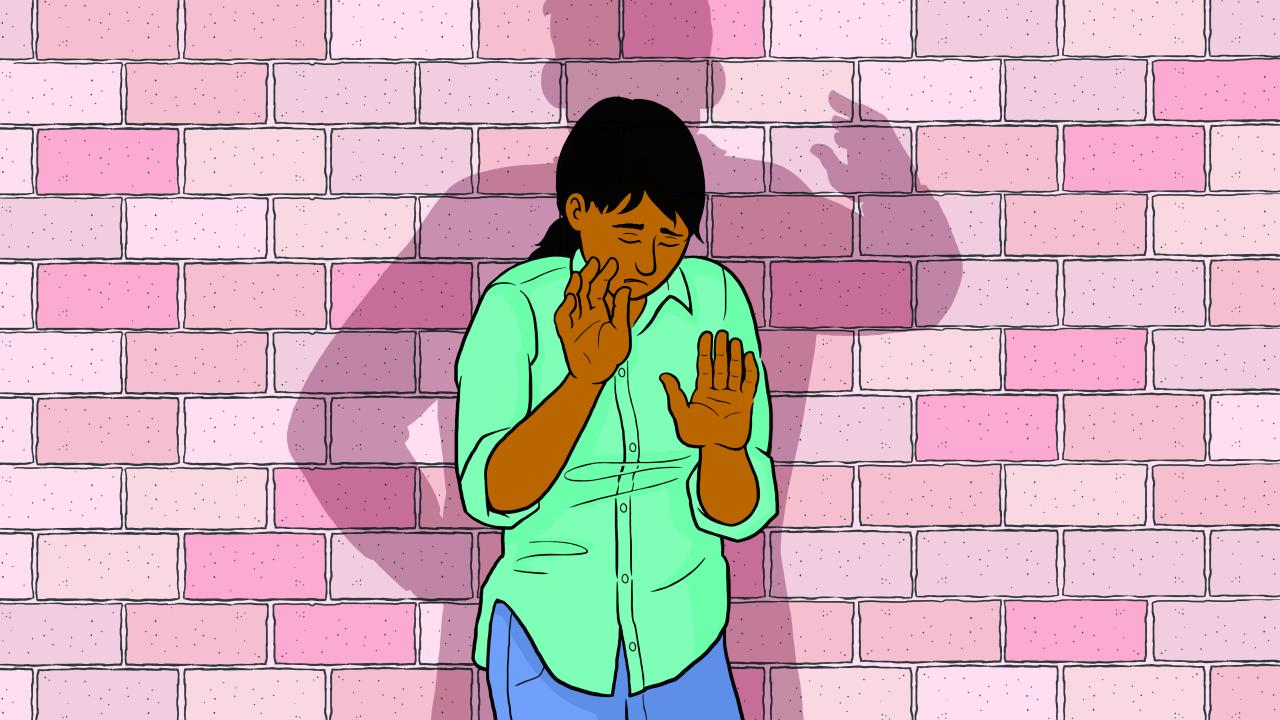 Illustration of woman up against a brick wall with the shadow of a man over her