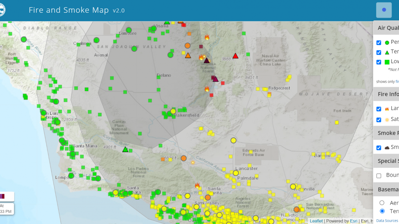 Screen capture of Fire And Smoke Map from AirNow.gov